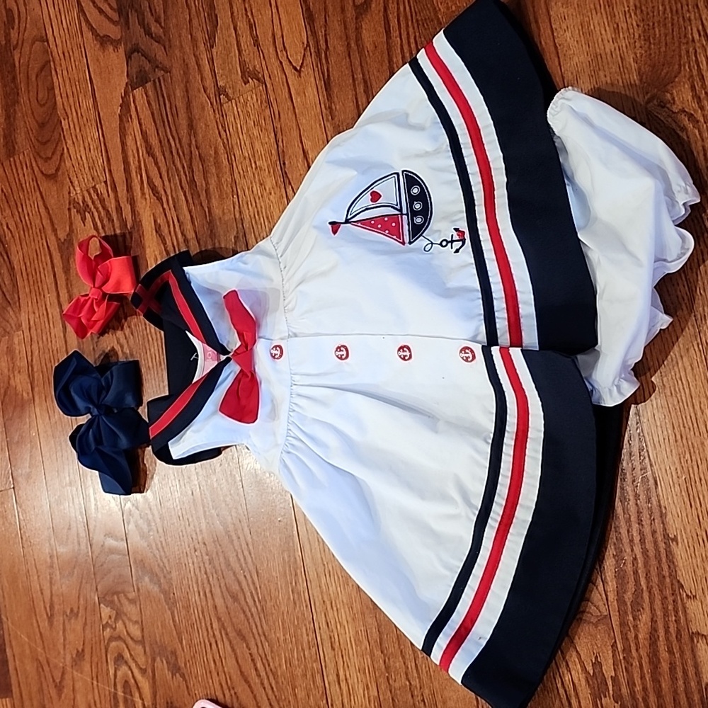 12 month New Good lad sailor dress with bloomers. With headband and bow clip